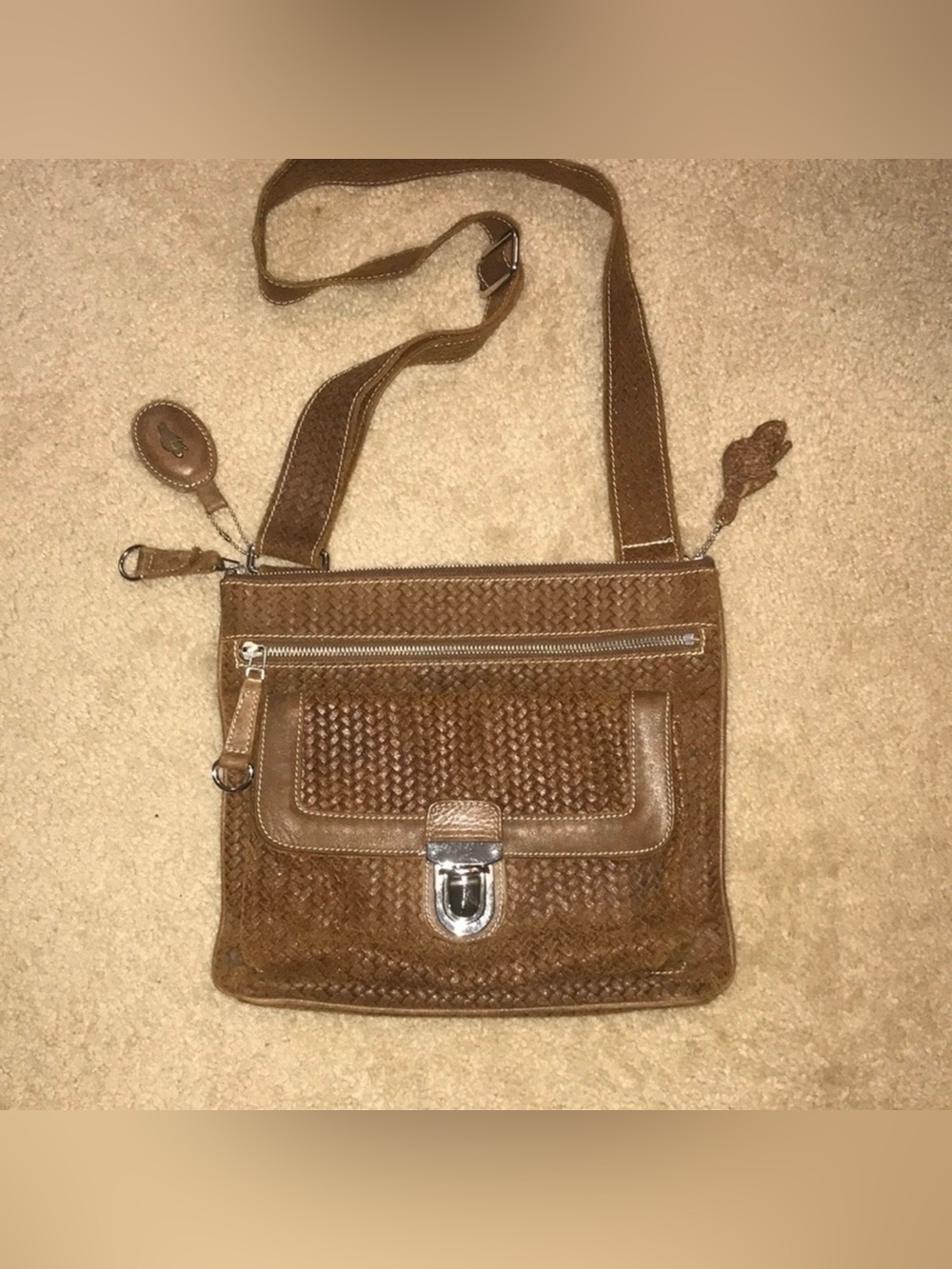 Roots leather woven crossbody bag